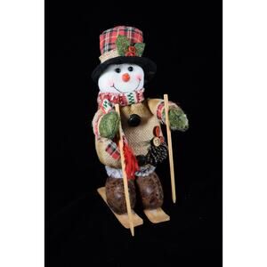 Skiing Snowman Burlap Clothing Hat Christmas Scarf Wooden Skis Holiday Decor